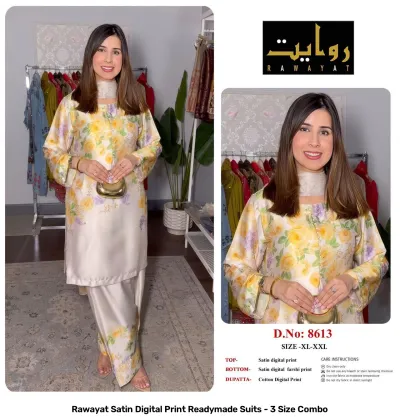 Rawayat Satin Digital Print Readymade Suits - 3 Size Combo, purple with white polka dots and floral print border suit.