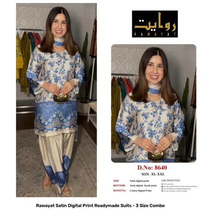 Rawayat Satin Digital Print Readymade Suits - 3 Size Combo, light blue and floral print satin suit set with dupatta.