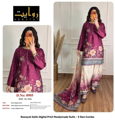 Rawayat Satin Digital Print Readymade Suits - 3 Size Combo, purple floral print satin suit set with dupatta.