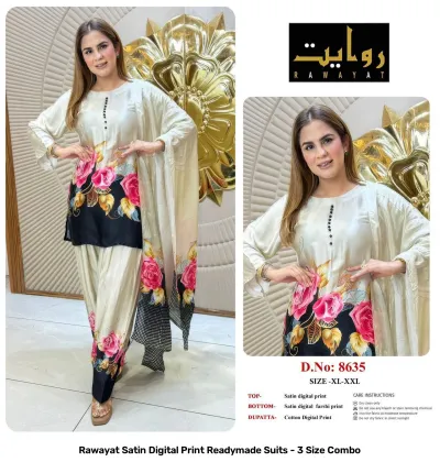 Rawayat Satin Digital Print Readymade Suits - 3 Size Combo, light grey and floral print satin suit set with dupatta.