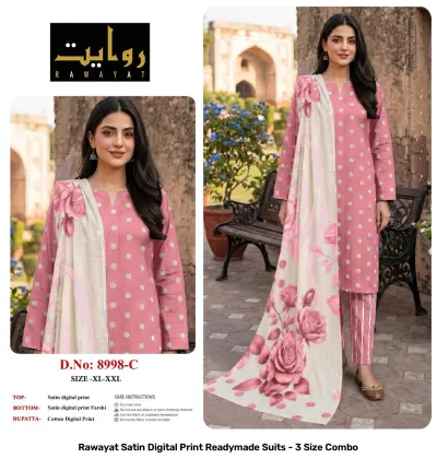 Rawayat Satin Digital Print Readymade Suits - 3 Size Combo, light pink and floral print satin suit set with dupatta.