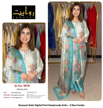 Rawayat Satin Digital Print Readymade Suits - 3 Size Combo, light pink and floral print satin suit set with dupatta.