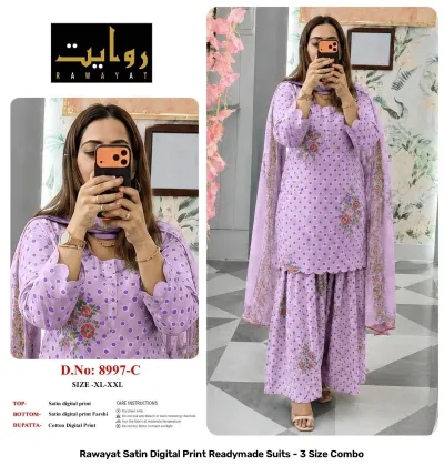Rawayat Satin Digital Print Readymade Suits - 3 Size Combo, peach and floral print satin suit set with dupatta.