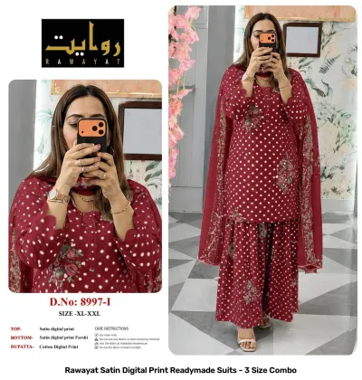 Rawayat Satin Digital Print Readymade Suits - 3 Size Combo, light pink and floral print satin suit set with dupatta.