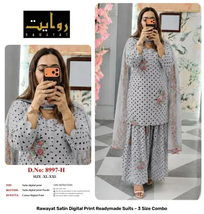Rawayat Satin Digital Print Readymade Suits - 3 Size Combo, peach and floral print satin suit set with dupatta.