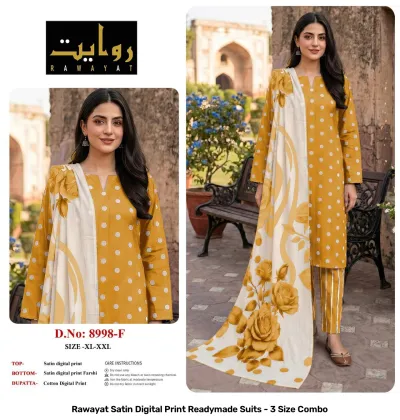 Rawayat Satin Digital Print Readymade Suits - 3 Size Combo, light pink and floral print satin suit set with dupatta.