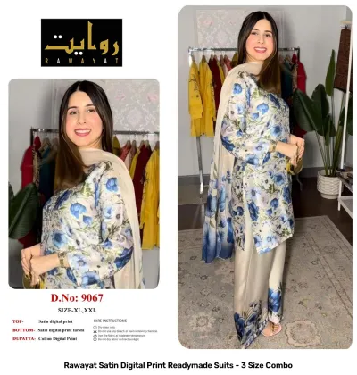 Rawayat Satin Digital Print Readymade Suits - 3 Size Combo, peach and floral print satin suit set with dupatta.