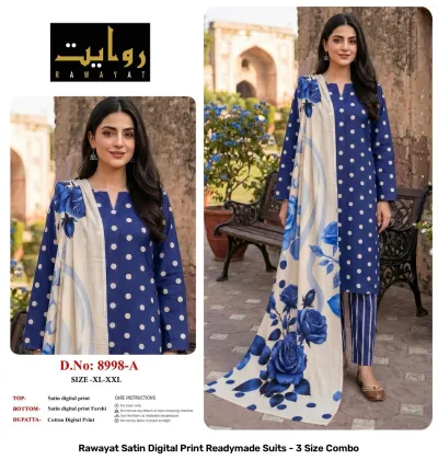 Rawayat Satin Digital Print Readymade Suits - 3 Size Combo, light pink and floral print satin suit set with dupatta.