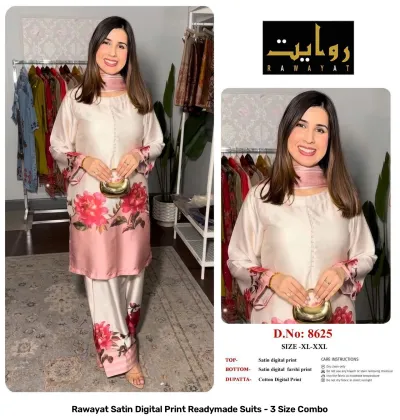 Rawayat Satin Digital Print Readymade Suits - 3 Size Combo, cream and pink floral print satin suit set with dupatta.