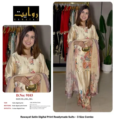 Rawayat Satin Digital Print Readymade Suits - 3 Size Combo, peach and floral print satin suit set with dupatta.