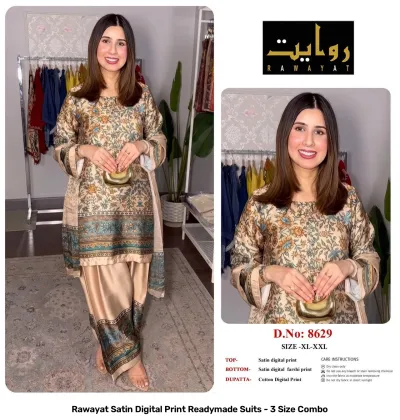 Rawayat Satin Digital Print Readymade Suits - 3 Size Combo, dark red and white polka dot with floral print border suit.