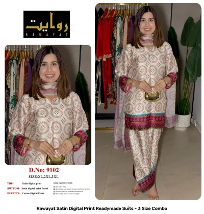 Rawayat Satin Digital Print Readymade Suits - 3 Size Combo, light blue and floral print satin suit set with dupatta.