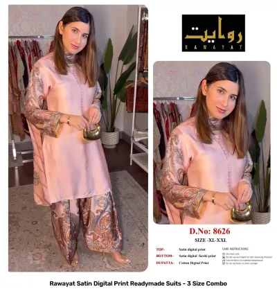 Rawayat Satin Digital Print Readymade Suits - 3 Size Combo, peach and floral print satin suit set with dupatta.
