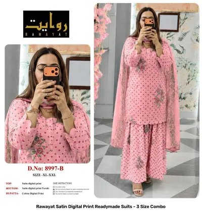 Rawayat Satin Digital Print Readymade Suits - 3 Size Combo, dark red and white polka dot with floral print border suit.