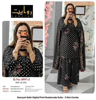 Rawayat Satin Digital Print Readymade Suits - 3 Size Combo, grey with white polka dots and floral print border suit.