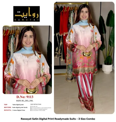 Rawayat Satin Digital Print Readymade Suits - 3 Size Combo, light pink and floral print satin suit set with dupatta.
