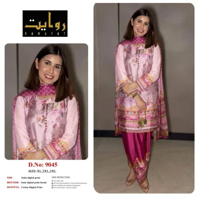 Rawayat Satin Digital Print Readymade Suits - 3 Size Combo, pink and floral print satin suit set with dupatta.