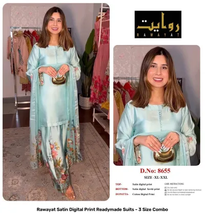 Rawayat Satin Digital Print Readymade Suits - 3 Size Combo, light blue and floral print satin suit set with dupatta.
