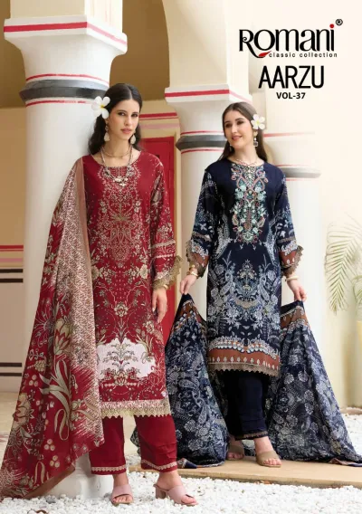 Romani Aarzu Vol 37: Catalog cover showing various models wearing printed salwar suits with intricate thread work and dupattas.
