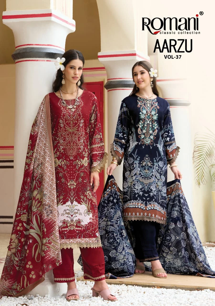 Romani Aarzu Vol 37: Catalog cover showing various models wearing printed salwar suits with intricate thread work and dupattas.