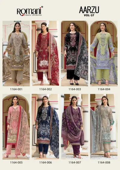 Romani Aarzu Vol 37: Catalog collage featuring eight distinct printed salwar suit designs with thread work and dupattas.