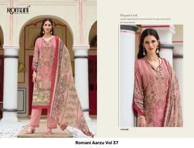 Romani Aarzu Vol 37: Pink printed salwar suit with thread work embellishments and a matching dupatta.