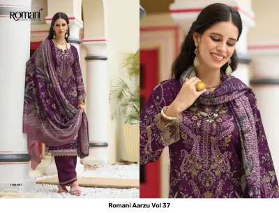 Romani Aarzu Vol 37: Deep purple printed salwar suit with elaborate thread work embroidery and a printed dupatta.