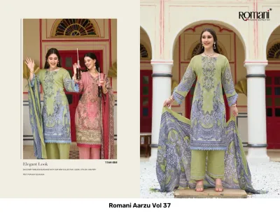 Romani Aarzu Vol 37: Light green printed salwar suit featuring thread work, paired with a matching printed dupatta.