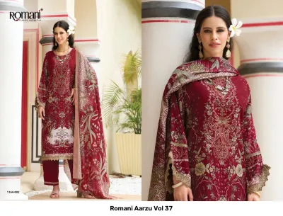 Romani Aarzu Vol 37: Deep red printed salwar suit with intricate thread work and a coordinating printed dupatta.