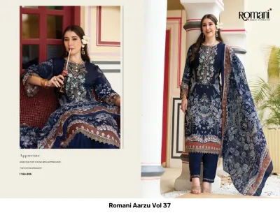 Romani Aarzu Vol 37: Navy blue printed salwar suit with detailed thread work and a printed dupatta.