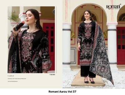 Romani Aarzu Vol 37: Black printed salwar suit with ornate thread work and a printed dupatta.
