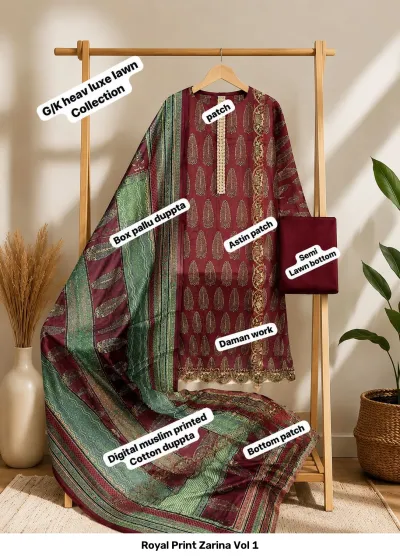 Royal Print Zarina Vol 1: Maroon salwar suit with a printed leaf pattern, green and maroon printed dupatta, and daman embroidery.