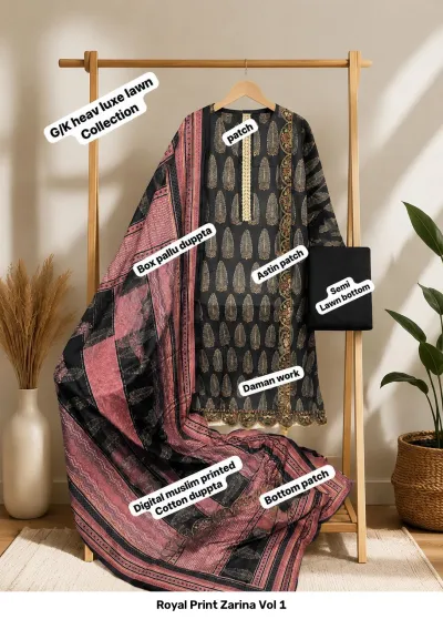 Royal Print Zarina Vol 1: Black salwar suit with a beige printed leaf pattern, matching printed dupatta, and daman embroidery.