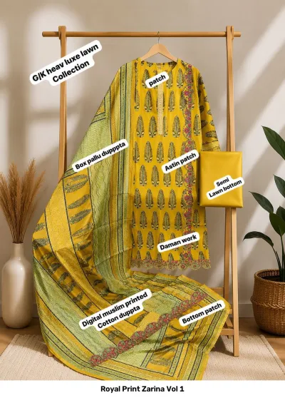 Royal Print Zarina Vol 1: Yellow salwar suit with a printed leaf pattern, green-yellow dupatta, and daman embroidery.