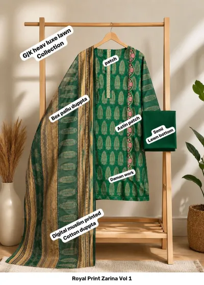 Royal Print Zarina Vol 1: Green salwar suit with a printed leaf pattern, striped printed dupatta, and daman embroidery.
