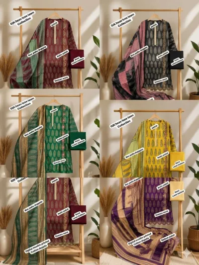 Royal Print Zarina Vol 1: A catalog collage displaying various colored salwar suits with printed leaf patterns, embroidery, and dupattas.