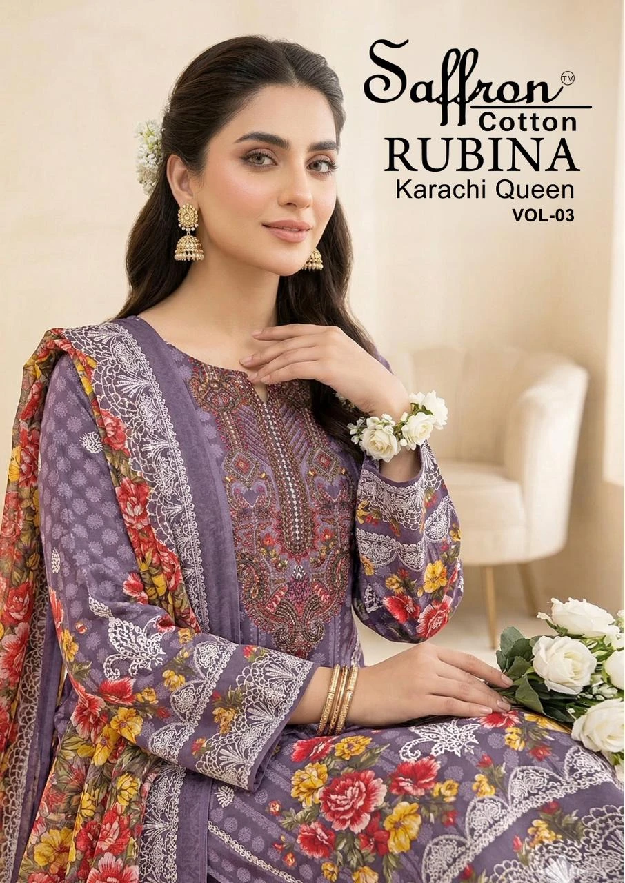 Saffron Rubina Vol 3: Close-up portrait of model wearing a purple printed salwar suit with floral details and intricate thread work on the neckline.