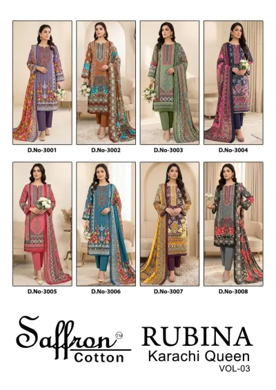 Saffron Rubina Vol 3: Catalog cover page showcasing a collage of eight different printed cotton salwar suit designs in various colors.