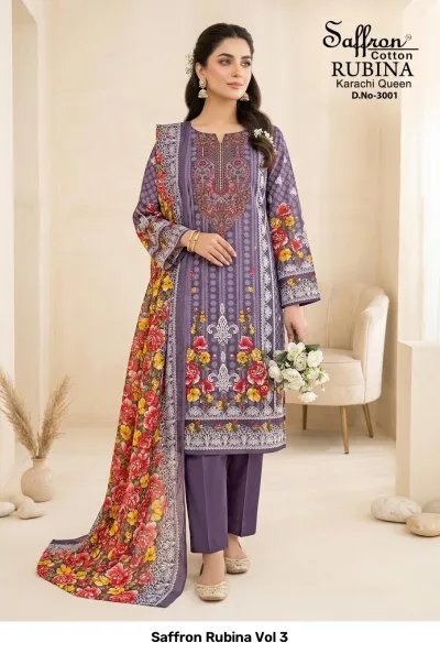 Saffron Rubina Vol 3: Purple cotton salwar suit with floral print, matching dupatta, and intricate thread work embroidery on the kurti neckline.