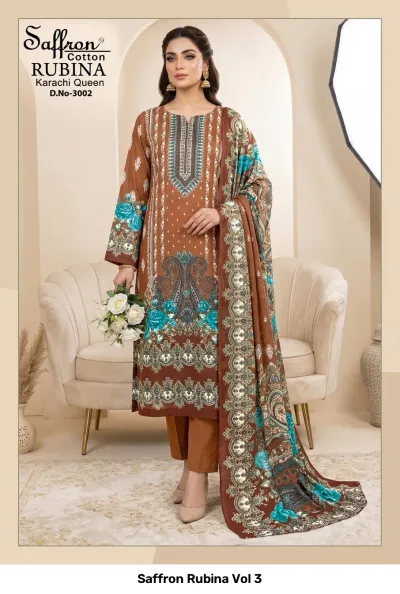 Saffron Rubina Vol 3: Brown cotton salwar suit featuring turquoise floral patterns, printed dupatta, and detailed thread work on the kurti front.