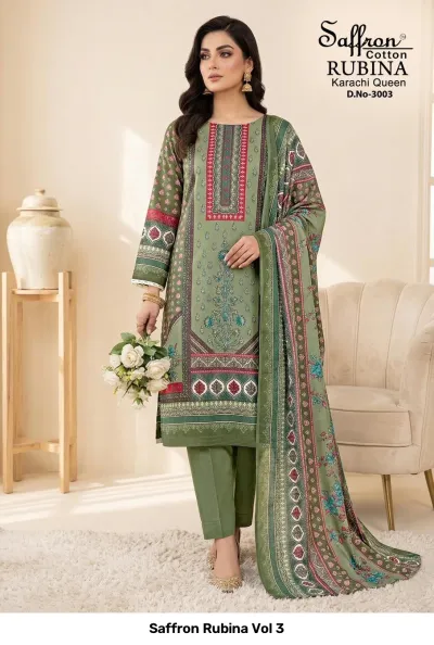 Saffron Rubina Vol 3: Olive green cotton salwar suit with traditional prints, coordinating dupatta, and embroidered thread work detail on the neckline.