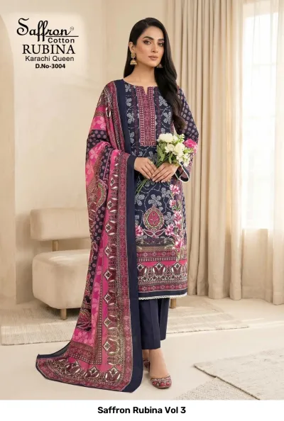 Saffron Rubina Vol 3: Navy blue cotton salwar suit with pink floral motifs, printed dupatta, and decorative thread work on the neckline.