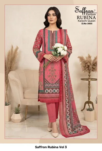 Saffron Rubina Vol 3: Pink cotton salwar suit with patterned prints, matching floral dupatta, and subtle thread work embellishment on the neckline.