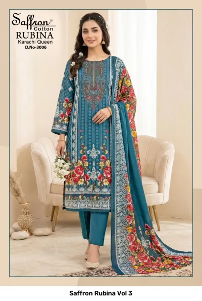 Saffron Rubina Vol 3: Teal blue cotton salwar suit featuring floral prints, vibrant dupatta, and intricate thread work on the kurti neckline.