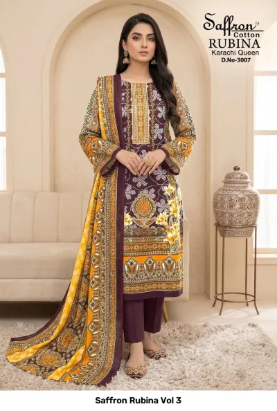 Saffron Rubina Vol 3: Dark maroon cotton salwar suit with yellow floral accents, printed dupatta, and detailed thread work along the neckline.