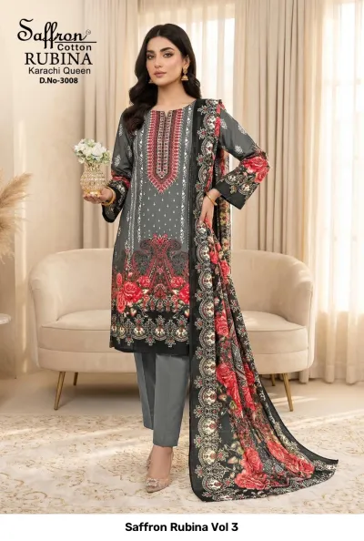 Saffron Rubina Vol 3: Grey cotton salwar suit with red rose prints, matching dupatta, and embroidered thread work on the front placket.