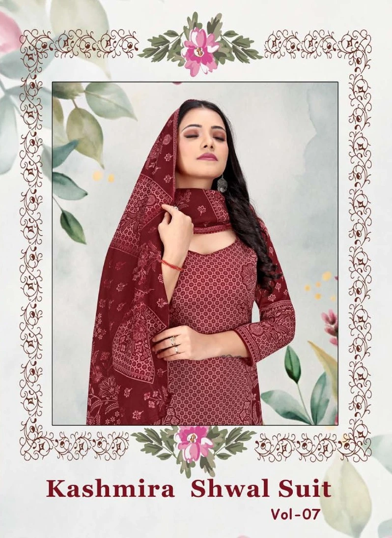 Sat Kashmira Shwal Suit Vol 7, maroon salwar suit with all-over geometric print and shawl-style dupatta, modeled as a catalog cover image.