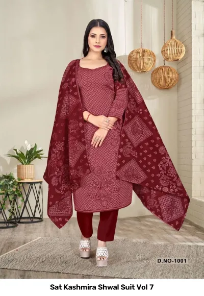 Sat Kashmira Shwal Suit Vol 7, maroon salwar suit with intricate geometric and floral patterns and matching printed dupatta.