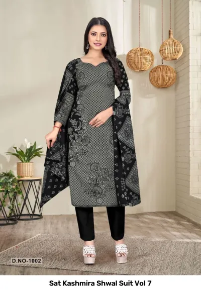 Sat Kashmira Shwal Suit Vol 7, black and grey salwar suit with geometric patterns, floral motifs, and a matching printed dupatta.
