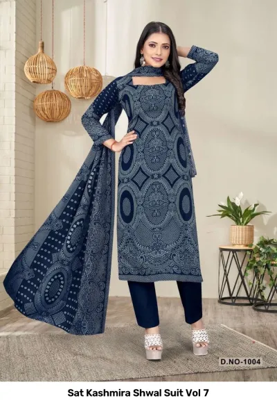 Sat Kashmira Shwal Suit Vol 7, navy blue salwar suit featuring a geometric pattern design with a matching coordinated printed dupatta.